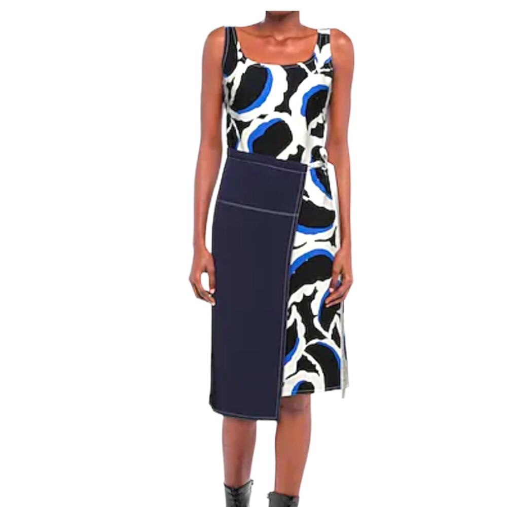 Marni abstract geometric skirt wrap midi dress 2019 blue black sleeveless SZ 36